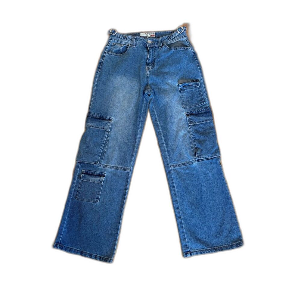Love Cult Denim Cargo Jeans Size 1 / 26 Blue Utility Streetwear Y2K Vibes